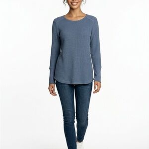 Sundance Waffle Knit Women's M Ribbon Neckline Trim Blue Long Sleeve Thermal Top